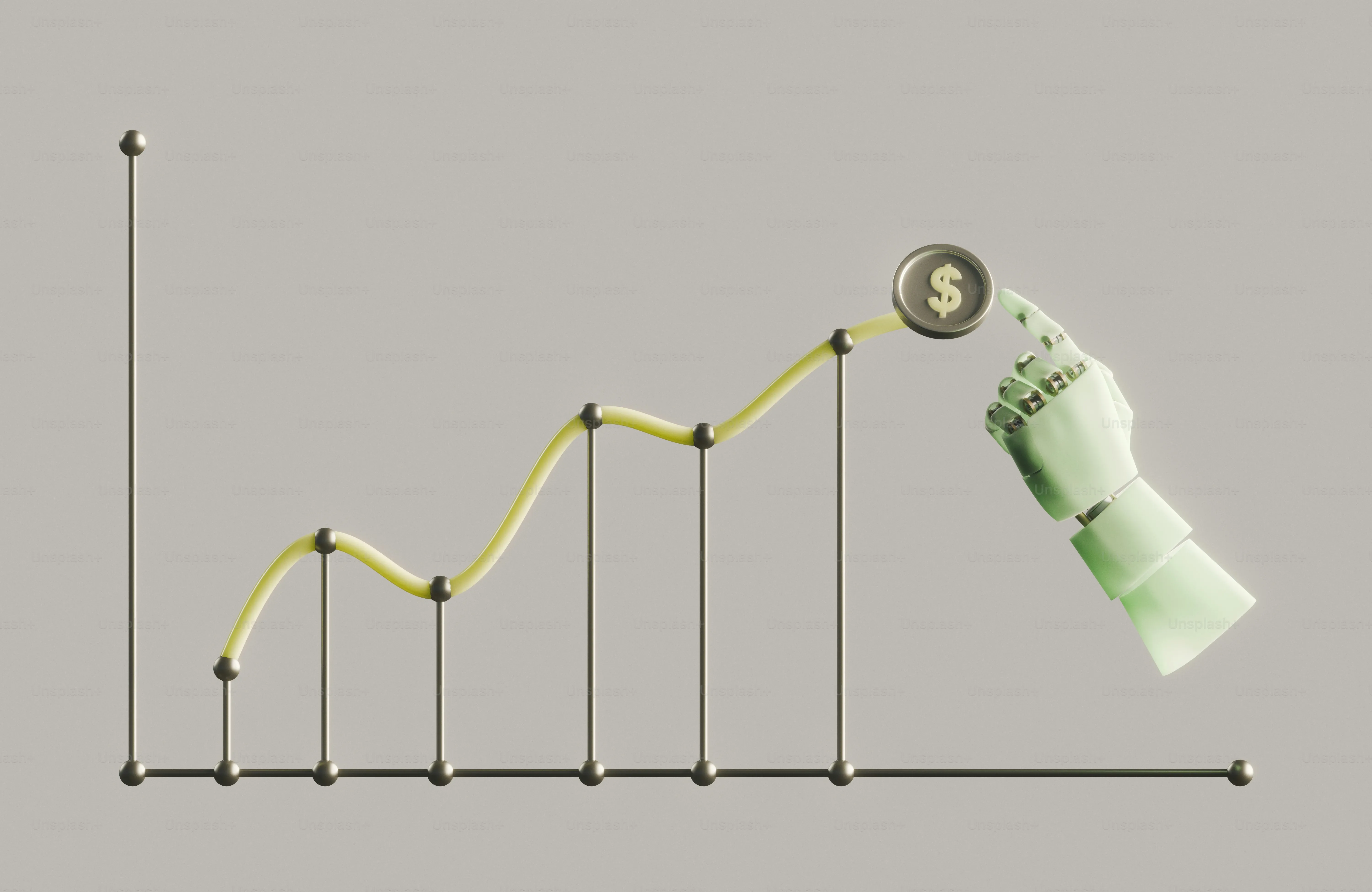Robotic hand placing a dollar coin on an ascending financial graph